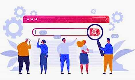 SEO hizmetleri firması. Arama Motorlarında Zirveye Taşının Arama Motoru Hizmetleri Seo Firması. SEO ve arama motoru görünürlüğü üzerine çalışan ekip illüstrasyonu