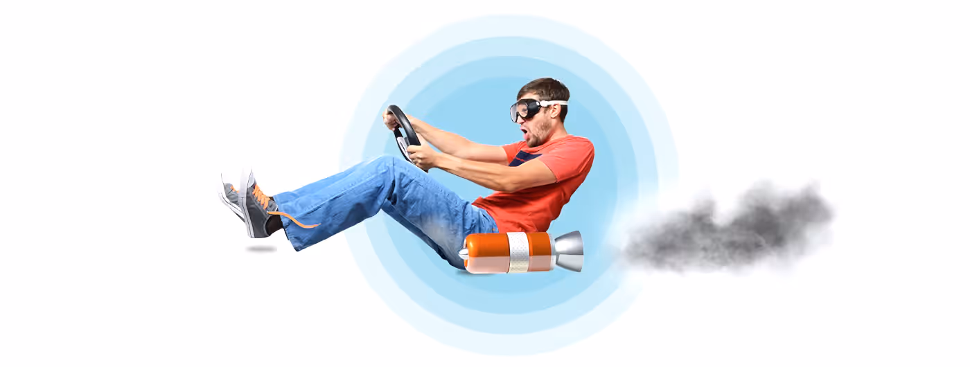 Wordpress Site Hızlandırma ve Güvenli WordPress Altyapısı Görseli Jet motoruyla hızlanan bir adam görseli; site hızlandırma ve güvenli web altyapısını simgeler