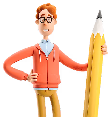 Kurumsal Kimlik Tasarımı Temsil Görseli Kurumsal kimlik tasarımı konseptini temsil eden karakter ve büyük kurşun kalem